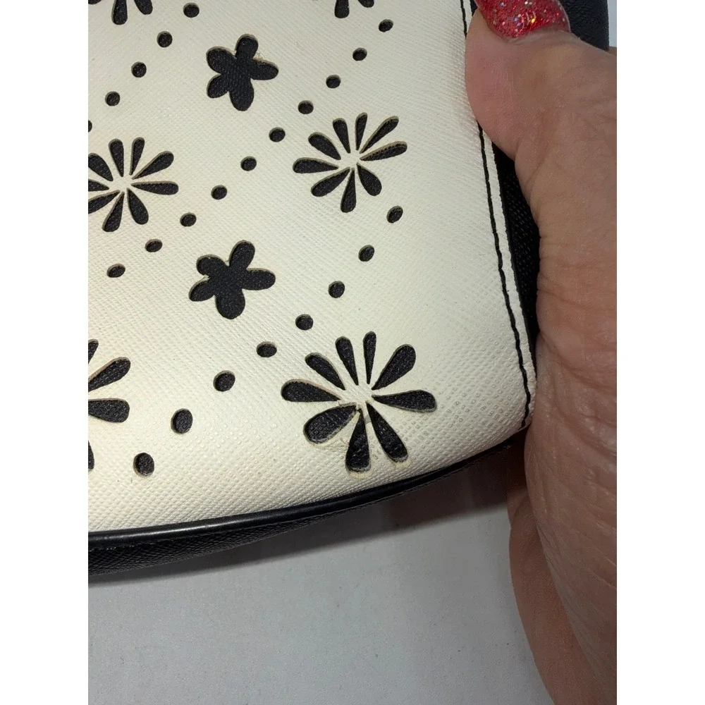 Vera Bradley Wristlet Pouch Laser Cut Floral Black White Saffiano Faux Leather